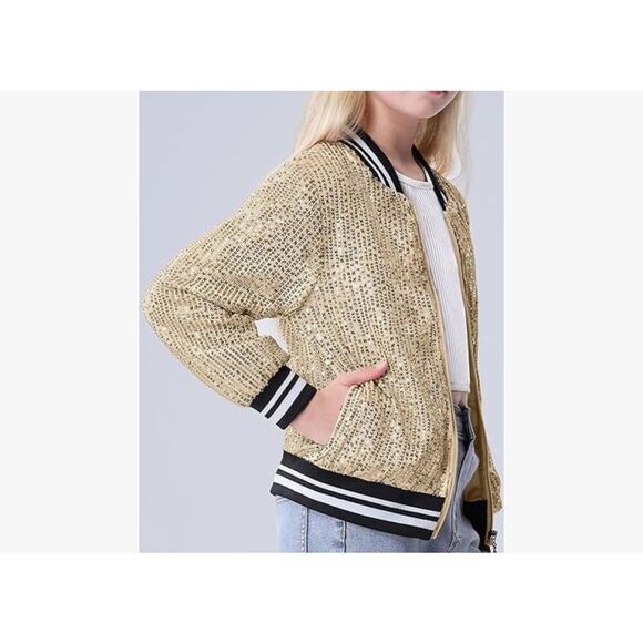 NEW Gold Girls Sequin Bomber Sparkle Zipper Pockets Jacket 8 Yrs - Picture 8 of 8
